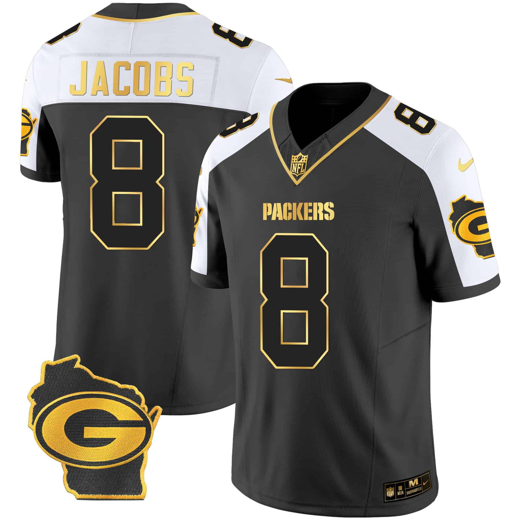 Men Green Bay Packers #8 Jacobs Black Gold 2024 Nike Home Patch Vapor NFL Jersey